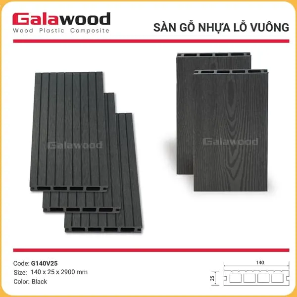 Sàn Gỗ Nhựa Ngoài Trời Galawood Lỗ Vuông G140V25